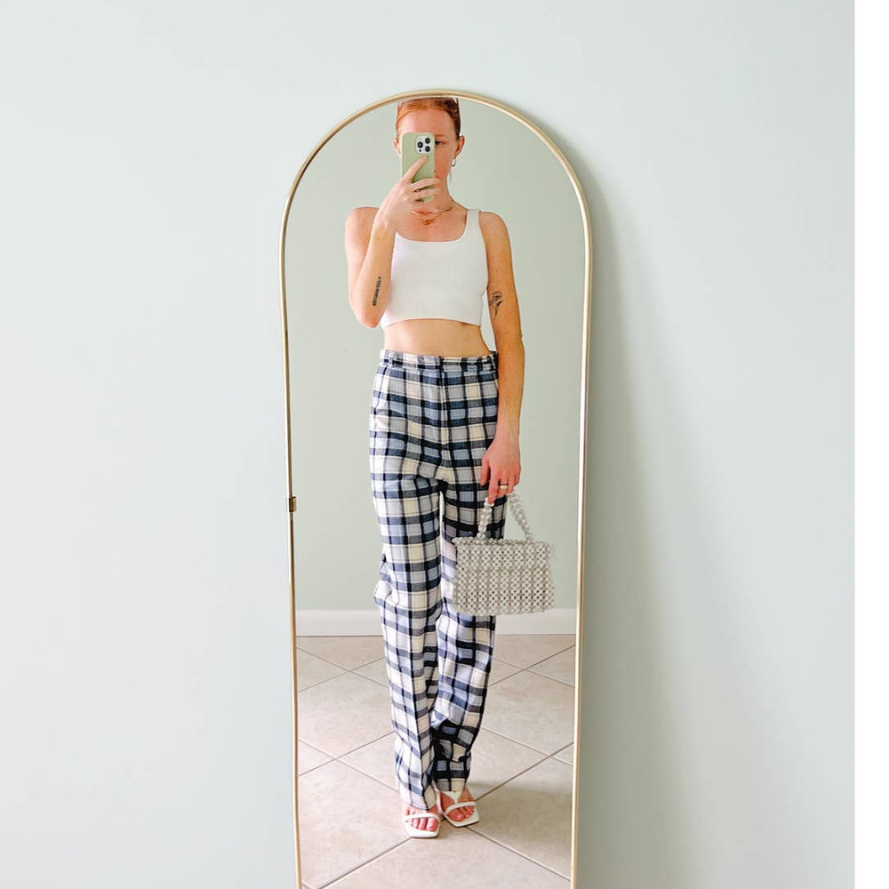 Vintage Blue Plaid High Waist Straight Leg Wool Trouser Pants